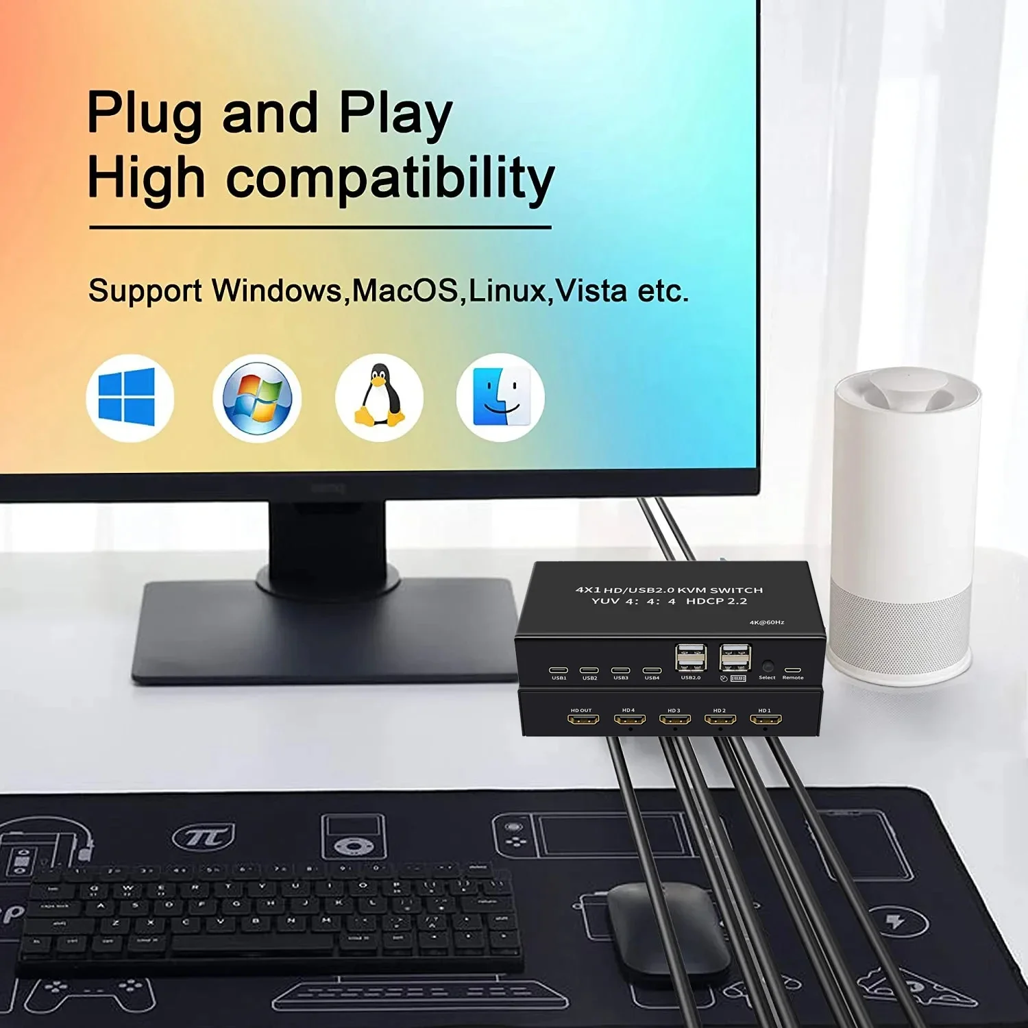 Przełącznik KVM 4x1 4K 60Hz USB USB selektor przełącznik KVM 4 w 1 out dla 4 PC udostępnianie monitora klawiatura z myszką 4-portowy USB HDCP2.2