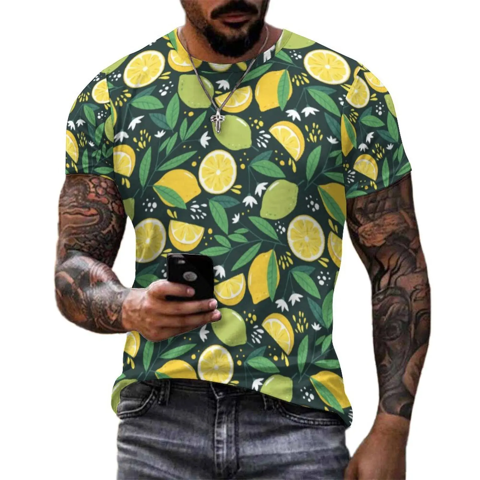 Yellow Lemon Print T Shirt Green Lime Fruit Streetwear T-Shirts O-Neck Hippie Tee Shirt Beach Men Pattern Top Tees Plus Size 6XL