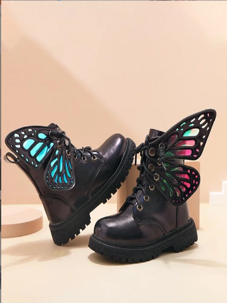 Children\'s Riding Boots 2024 Autumn New Girls Princess with Wings Fashion Colorful Short Boots Trend Kids Leather Ankle Boots