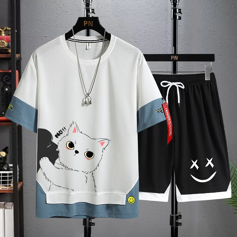 

Летний спортивный костюм из ледяного шелка для мужчин: быстросохнущая футболка с коротким рукавом и шорты, повседневный комплект для подростков