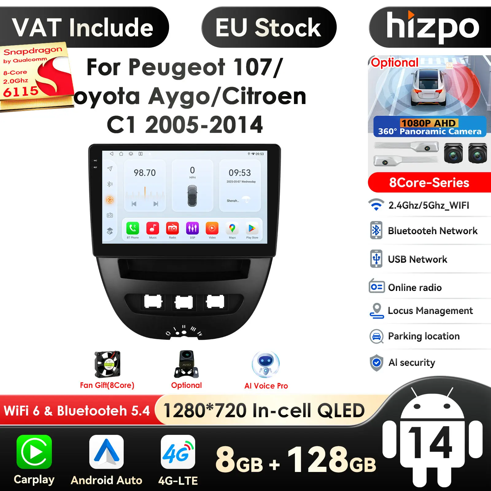 10.1 ''10.33'' 2din Autoradio Android Voor Peugeot 107 2005 - 2014 Citroen C1 Toyota Aygo Multimedia Videospeler Carplay 4G Gps - afbeelding 2