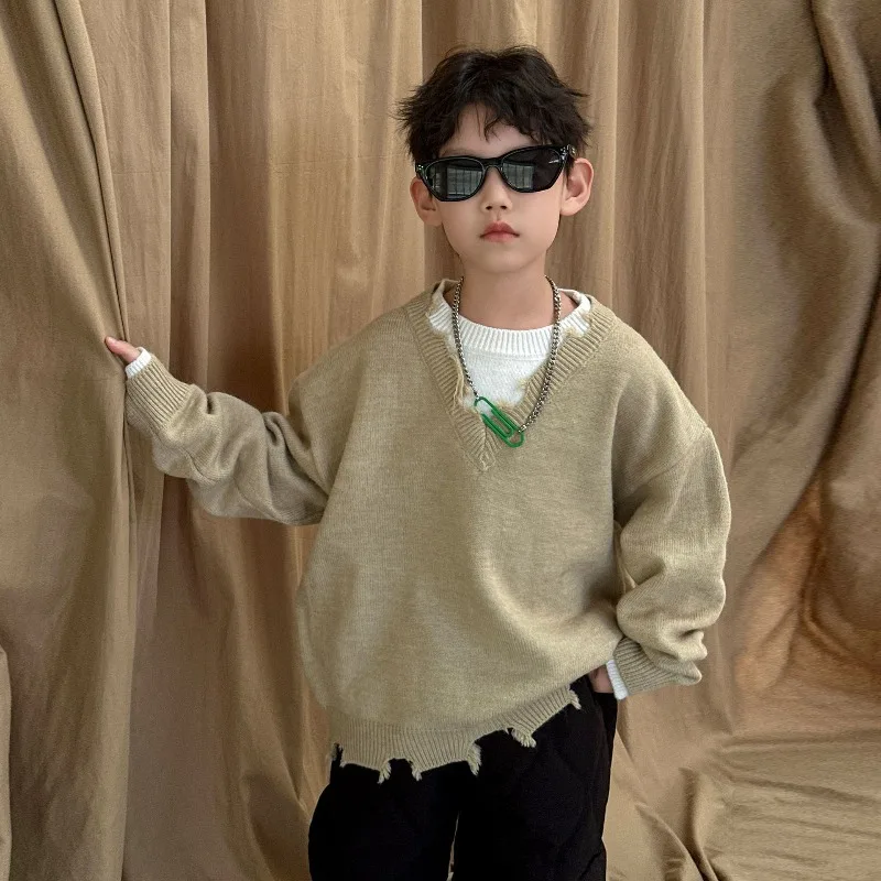 

Boys' Winter Sweater 2025 Autumn and Winter New Children's Personalized Splicing Warm Knitted Sweater Fake Two-piece Top Tide
