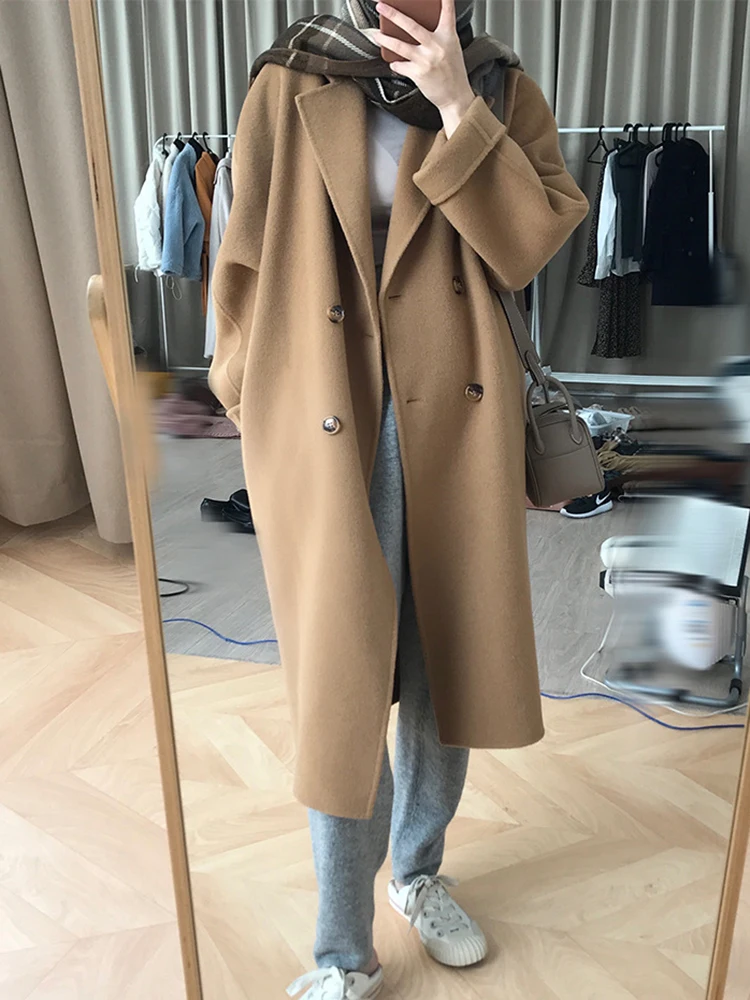 LANMREM Double Sided Wool Overcoat Knee Length Notched Collar Double Breasted Solid Color Fashion Streetwear Clothes 2DA8156