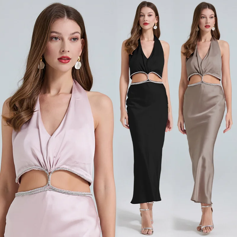 

2025 summer new WOMEN'S elegant rhinestone sexy halter neck satin cocktail dress A001