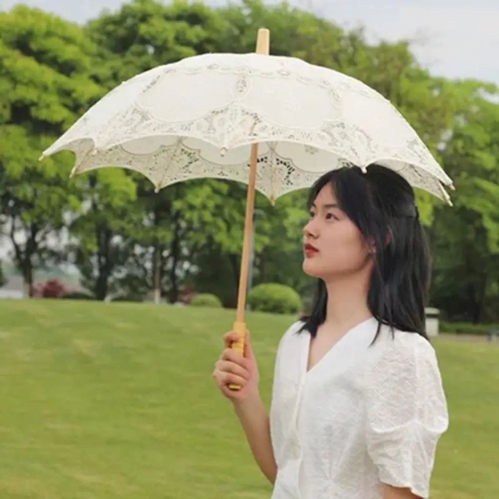 Embroidery Floral Wedding Lace Umbrella Hollowed Wooden Handle Prop Umbrella Cotton Black Parasol Umbrella Women view 2