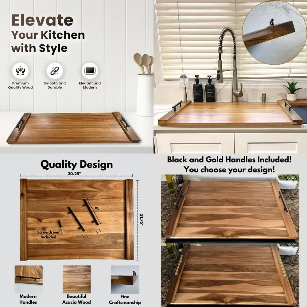 

Крышка печи по дереву акации с черными и золотыми ручками, 30,25 л x 21,75 Вт, совместимая с газовыми и электрическими плитами