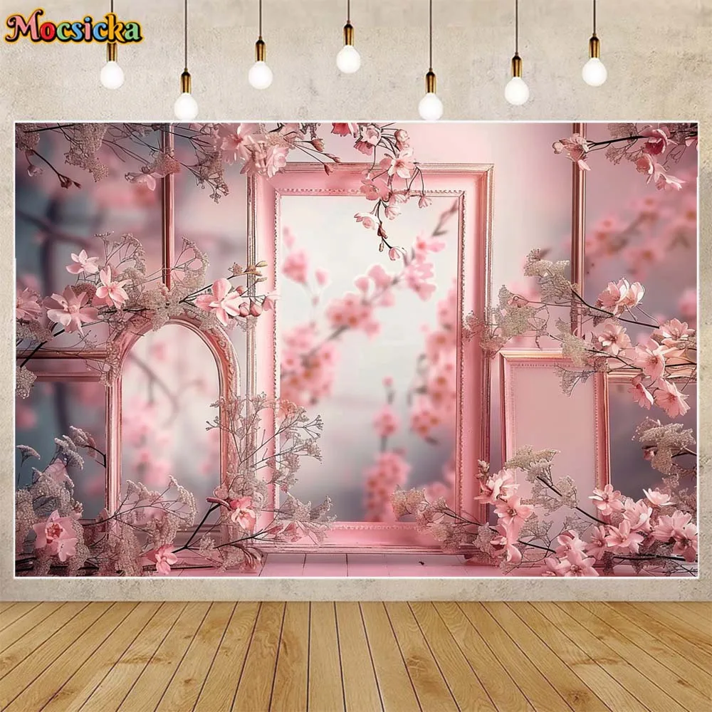 Mocsicka Backdrops for Photography Pink Mirror Frame Flower Women Girl Vintage Art Photo Background Photo Studio Photocall Props