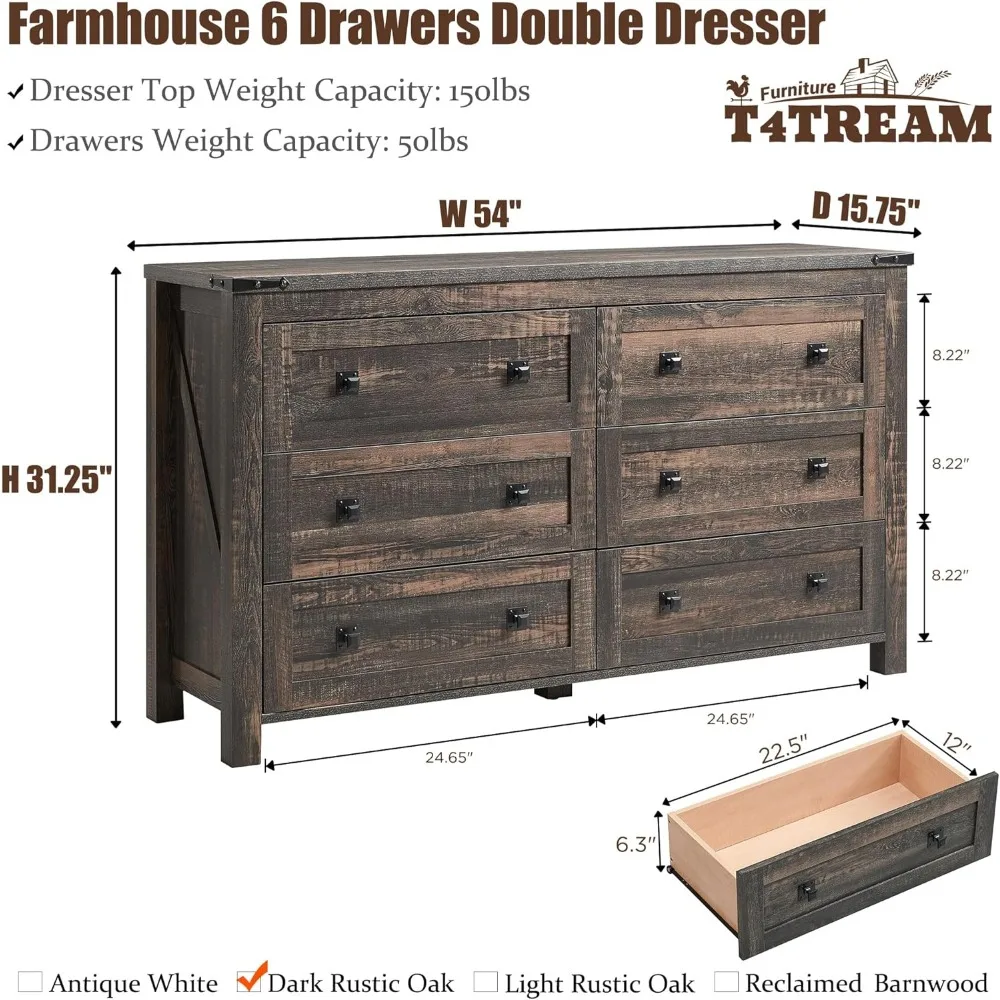 T4TREAM Farmhouse 6 Drawers Dresser for Bedroom, Wood Rustic Wide Chest of Drawers, Storage