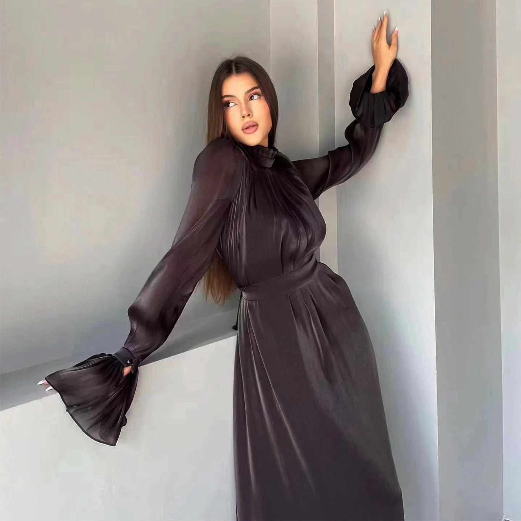 Shiny Party Abaya Dress for Muslim Women, Frilled Stand Collar Flare Cuffs, Elegant Dubai Turk Hijabi Islamic Clothing, Ramadan