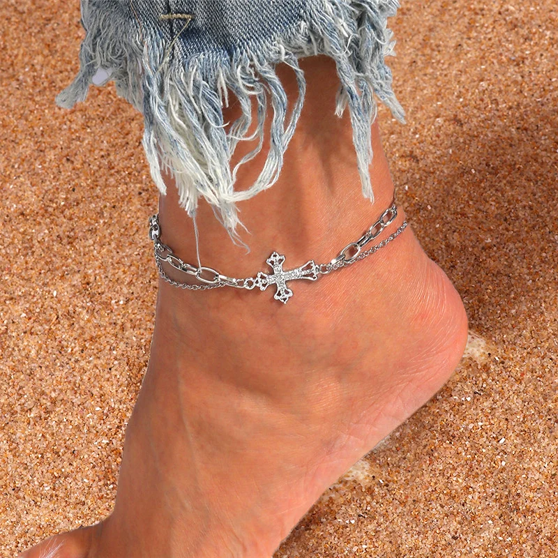 Aihua Gothic Goldfarbenes Kristallkreuz-Fußkettchen für Frauen, Fußschmuck, Sommer, Strand, sexy, weibliches Barfuß-Knöchelarmband für das Bein – Detail 2
