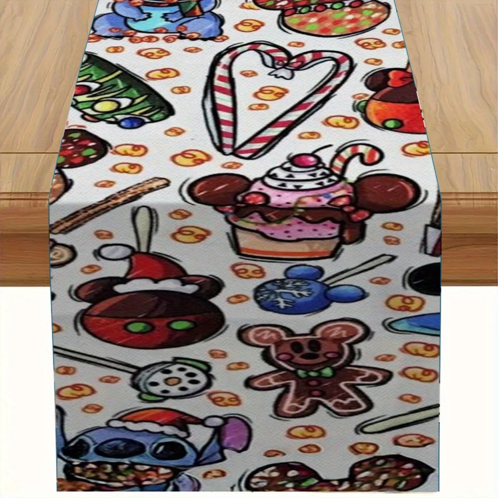 Camino de mesa estampado Disney Christmas Stitch Gingerbread Man de 1 pieza, reutilizable, adecuado para reuniones navideñas y cenas navideñas, regalo de Navidad perfecto para amigos
