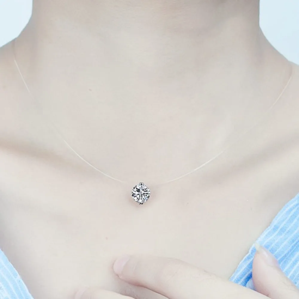 Collar con colgante de circón de plata S925, cadena de hilo de pescar con diamantes de imitación ostentosos de 6mm y 8mm, gargantilla de hilo de pescar solitario transparente Invisible