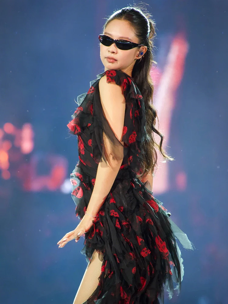 Estranho gato hottie irregular em camadas vestido feminino fita sem mangas crânio impressão punk festival de música sexy magro rua clubwear