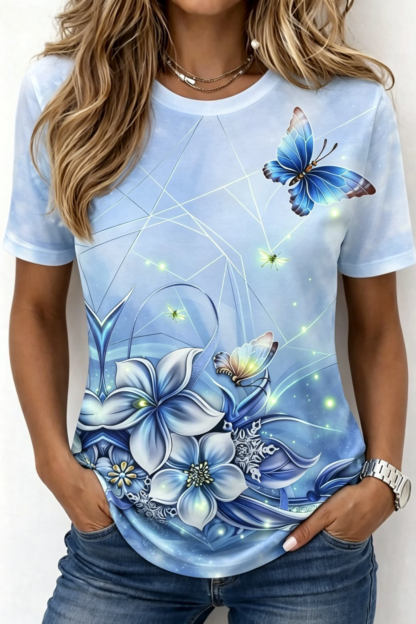 Women's Pink Rose & Bee Print Crew Neck T-Shirt, Casual Short Sleeve Tops, Fresh Floral Daily Wear for Spring & Summer