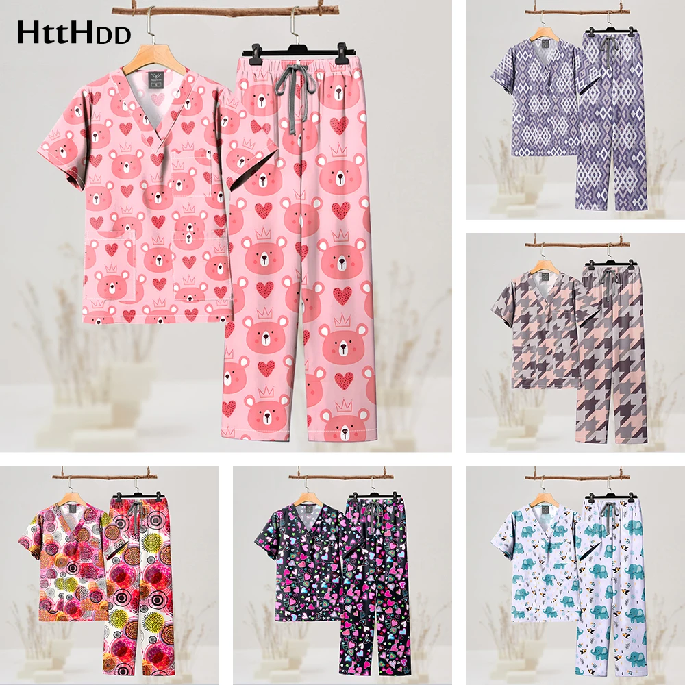 Fashion Printed Doctor Nurse Medical Clothes Sets Scrubs Women Staff Hospital Uniform Unisex Veterinary Uniform Dental Scrub Men