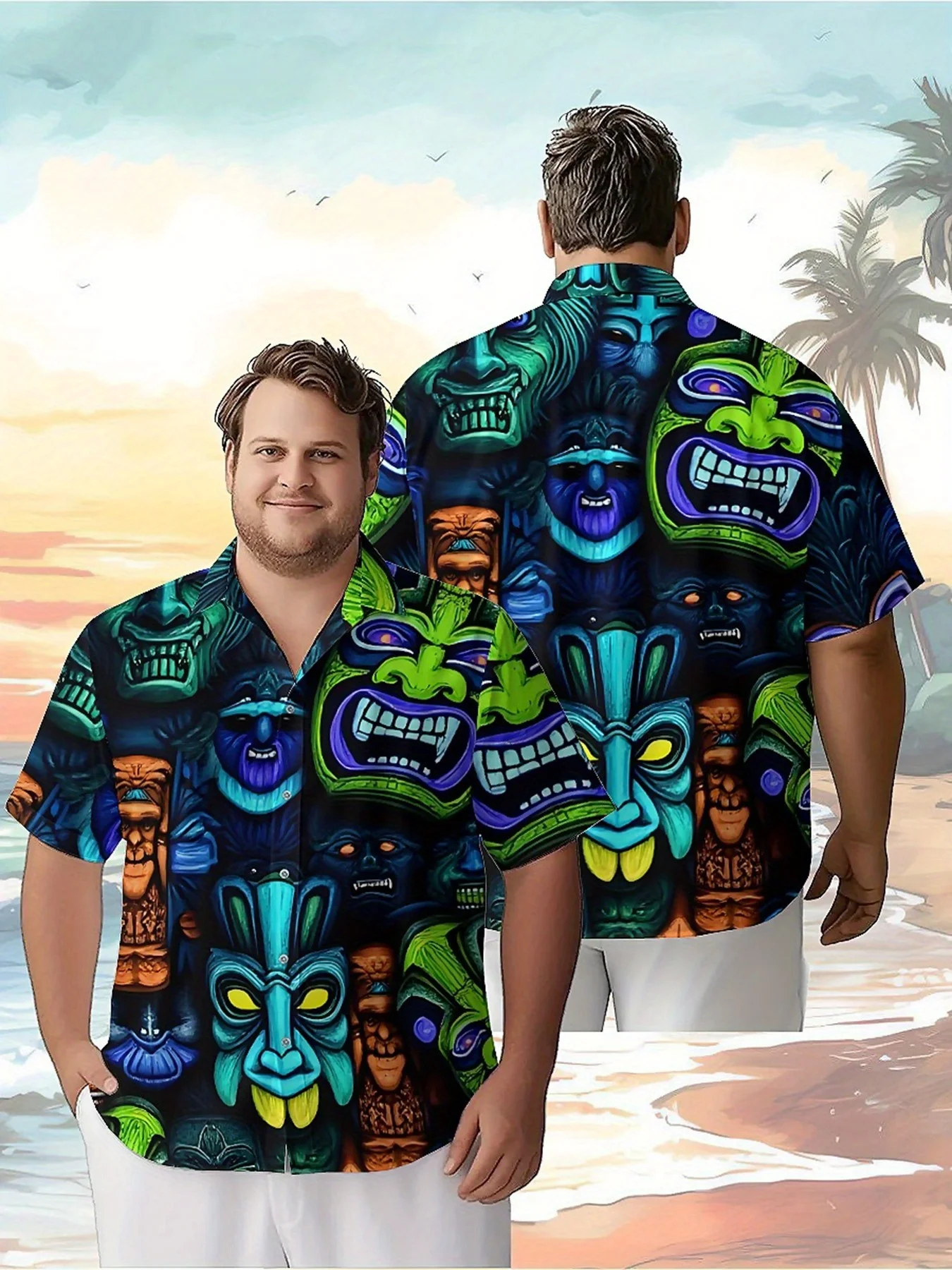 

Men's Plus Size Hawaiian Shirts Tiki Mask Pattern, Summer Casual Tops, Suitable for Outdoor and Party, Streetwear