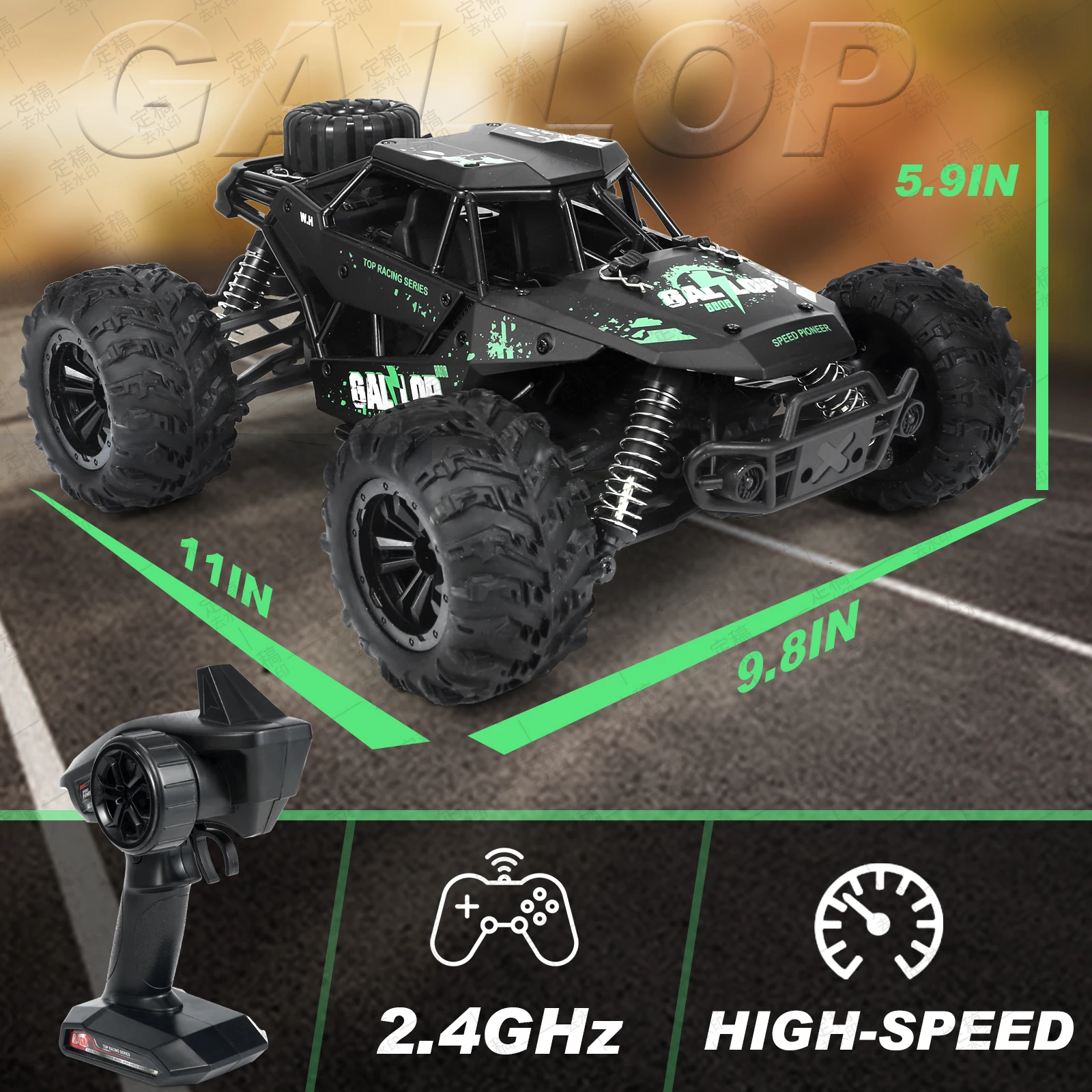 1:16 Fast Brush RC Trucks for Adults Max 50+ MPH, 1 AA Lithium Battery, Waterproof Remote Control Car Sand, Snow and Mud (Green)