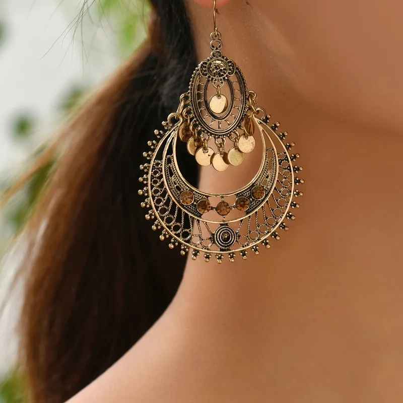 New Retro Originality Exaggerated Hollow Palace Style Round Earrings Bohemian Fashion Women's Festival Party Accessories Jewelry