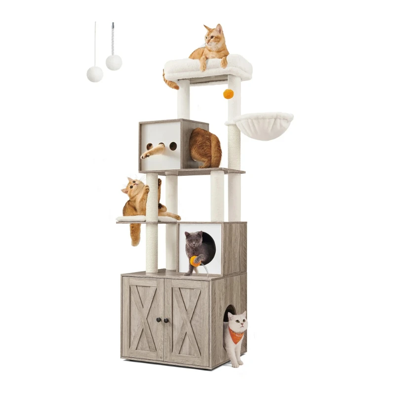 Cat Tree Tower with Hidden Dumpster Shell Cat Tree with Scratch Post Wooden Cat House Apartment