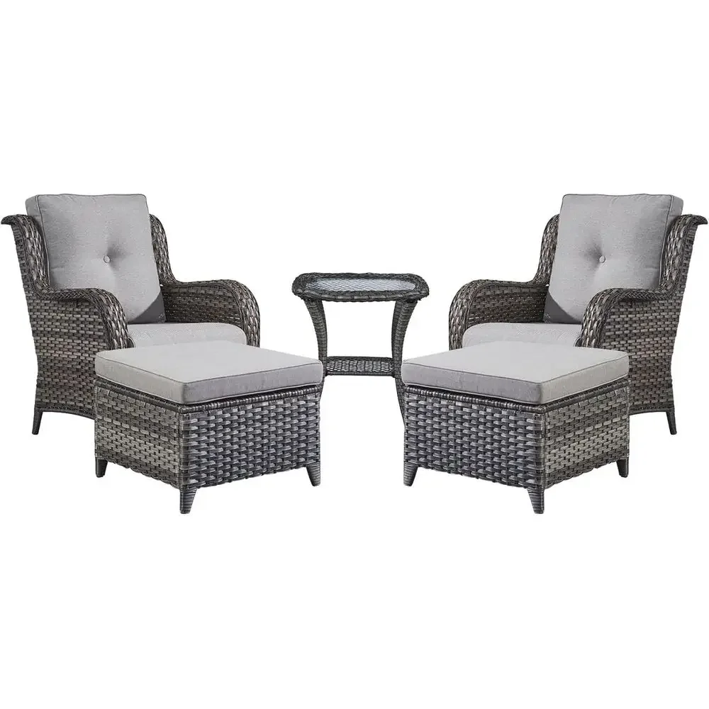 5-Piece Outdoor Wicker Sectional Set with 2 Chairs, 2 Ottomans, and 1 Side Table in Mixed Grey