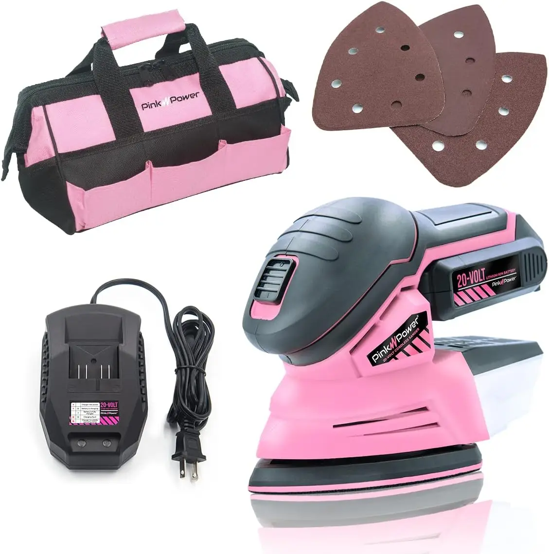 Pink Power Detail Sander for Woodworking 20V Cordless Electric Hand Sander for Wood Furniture - Mini Palm Sander Tool Sandpaper