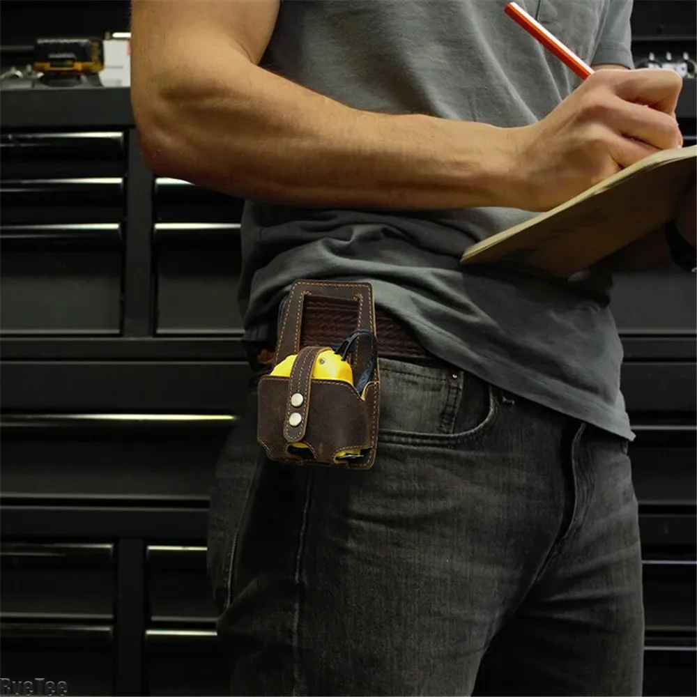 Bolsa de almacenamiento portátil con soporte para cinta métrica de acero de 5 metros de cuero marrón con funda para cinturón colgante para mochila de herramientas de construcción
