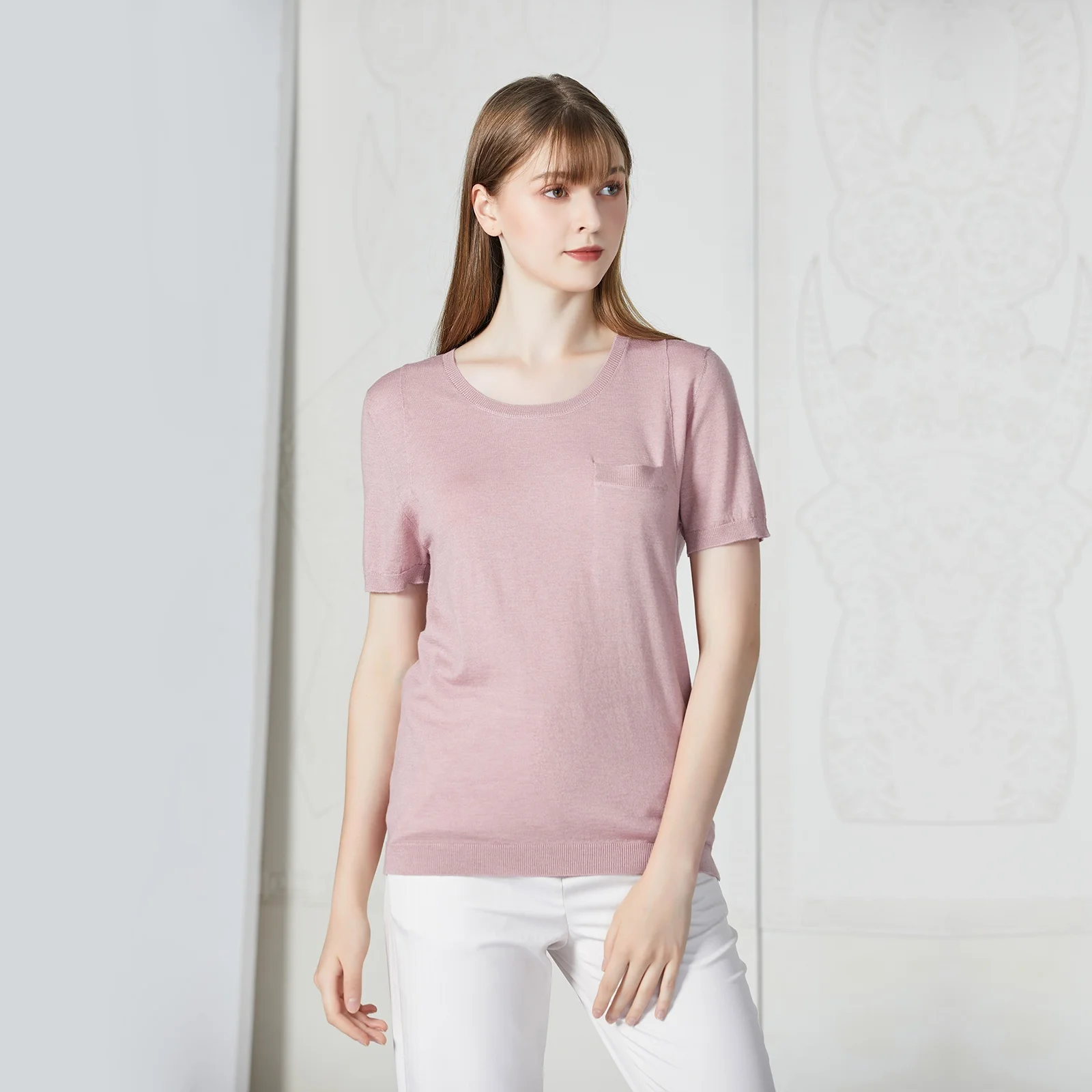 

Розово-розовый двухцветный вязаный топ-футболка из смесового полиэстера, универсальный, с короткими рукавами