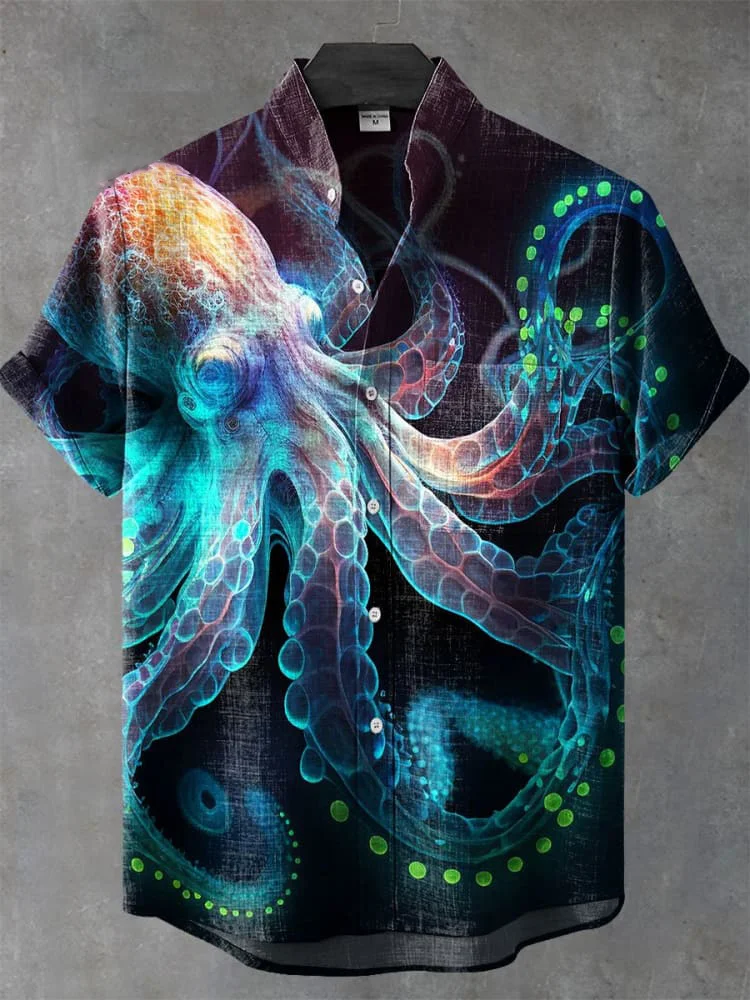 2025 new men's retro linen stand up collar short sleeved shirt with animal pattern printing, comfortable and casual men's top