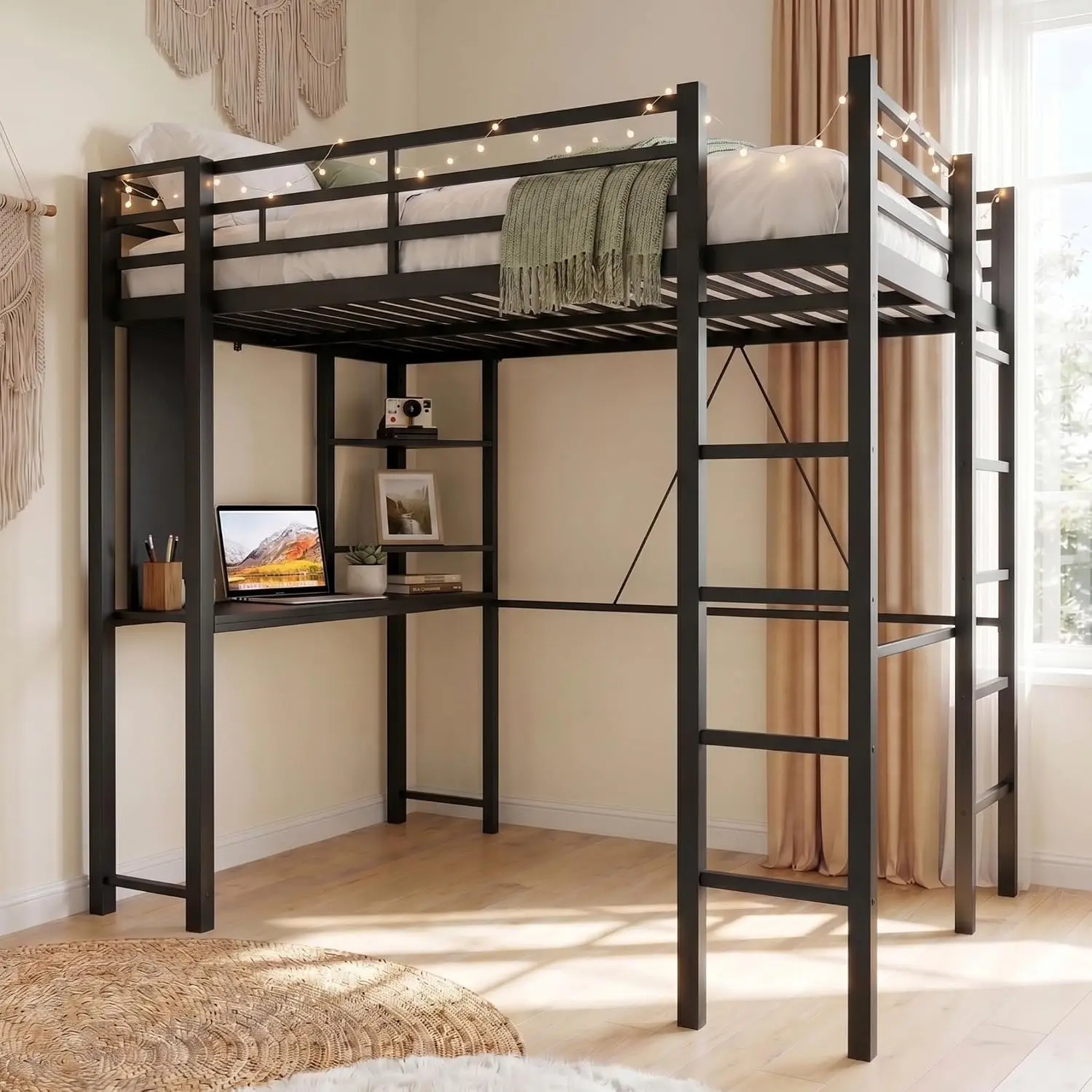SUNLEI Full Size Metal Loft Bed Frame with Desk, Loft Bed with 2 Built-in Ladders & Safety Guard, Noise Free for Small Bedroom,