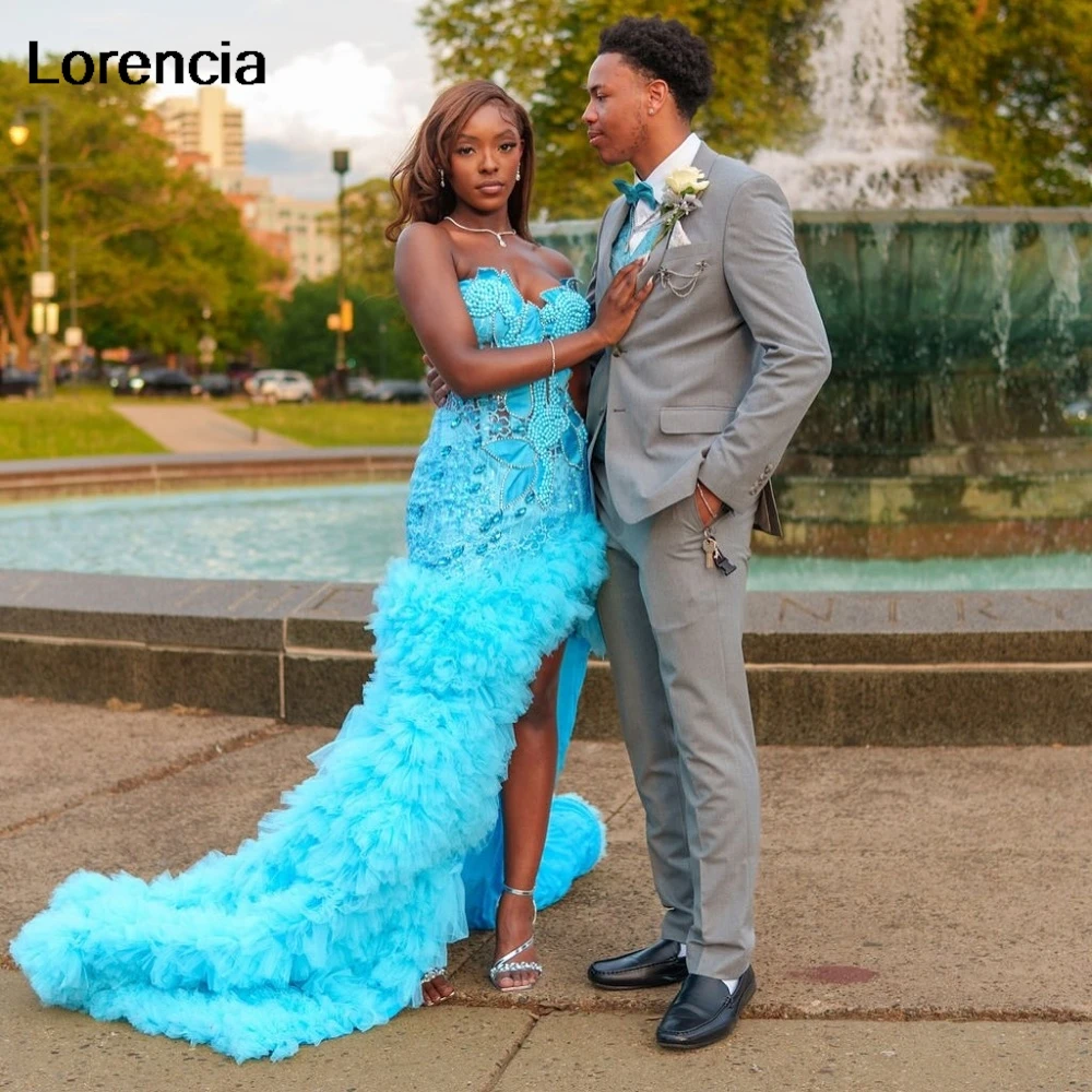 

Customized Sparkly Sexy Sky Blue Sequins Women's Prom Dress Crystal Beaded High Slit Tiered Evening Gown Robe De Sorrie YPD299