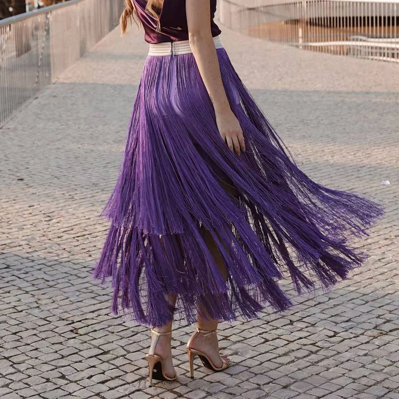 Temperament Hoge Taille Effen Kleur Kwastje Rokken Zomer Nieuwe Eenvoudige Party Lange Rokken Elegante Dames Losse Grote Zoom Banket Rokken