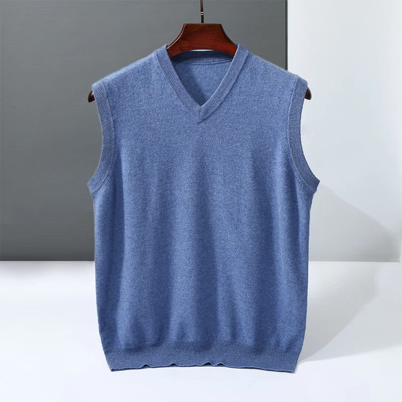 

Spring Autumn New 100% Cashmere V-neck Sleeveless Vest Men Work Sweater Solid Color Knitted Pullover Male Waistcoat High Quality