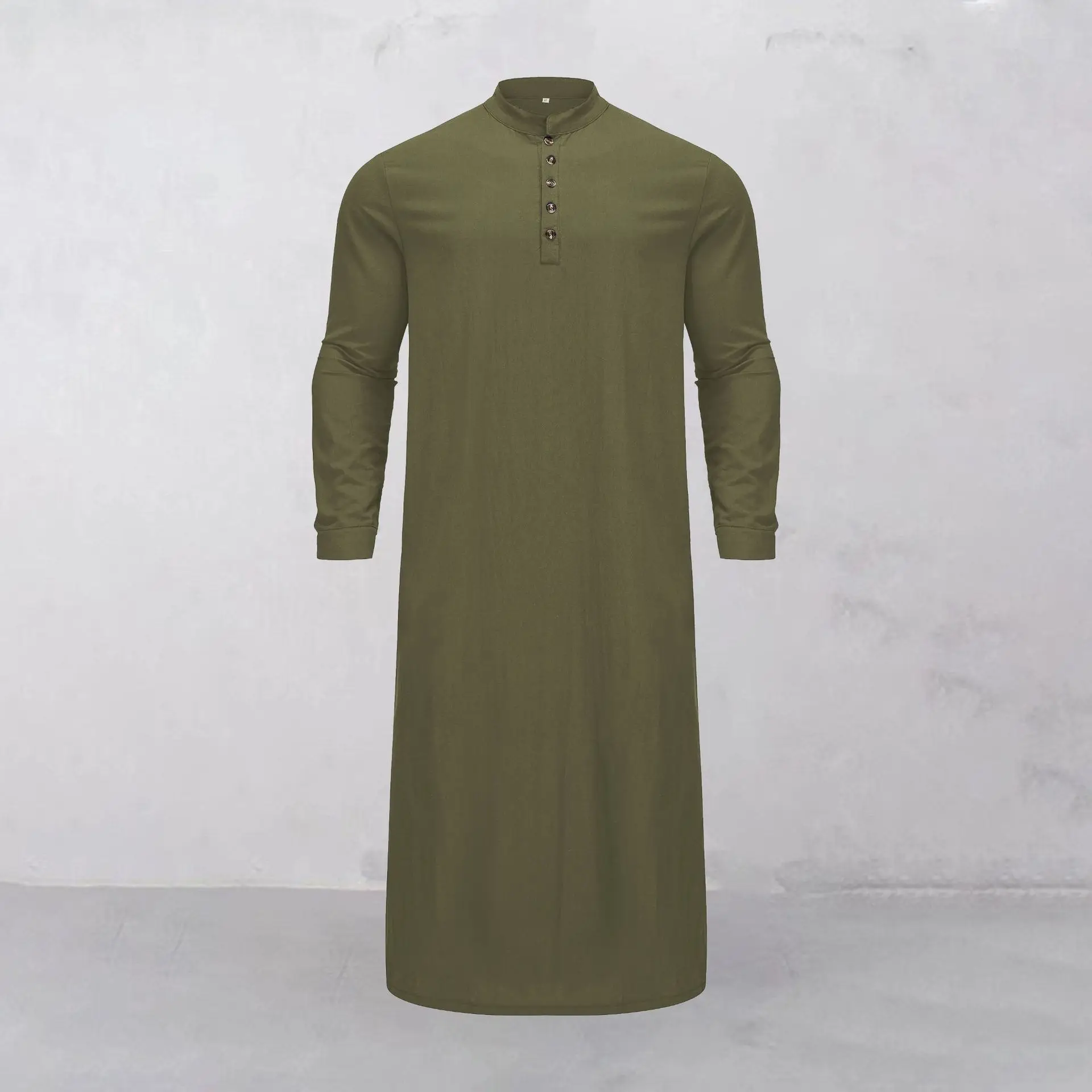 Long Sleeved Middle Eastern Men's Robe Muslim Solid Pattern Polyester Embroidered Stand Collar Arabic Loose Fit Ethnic Bandana