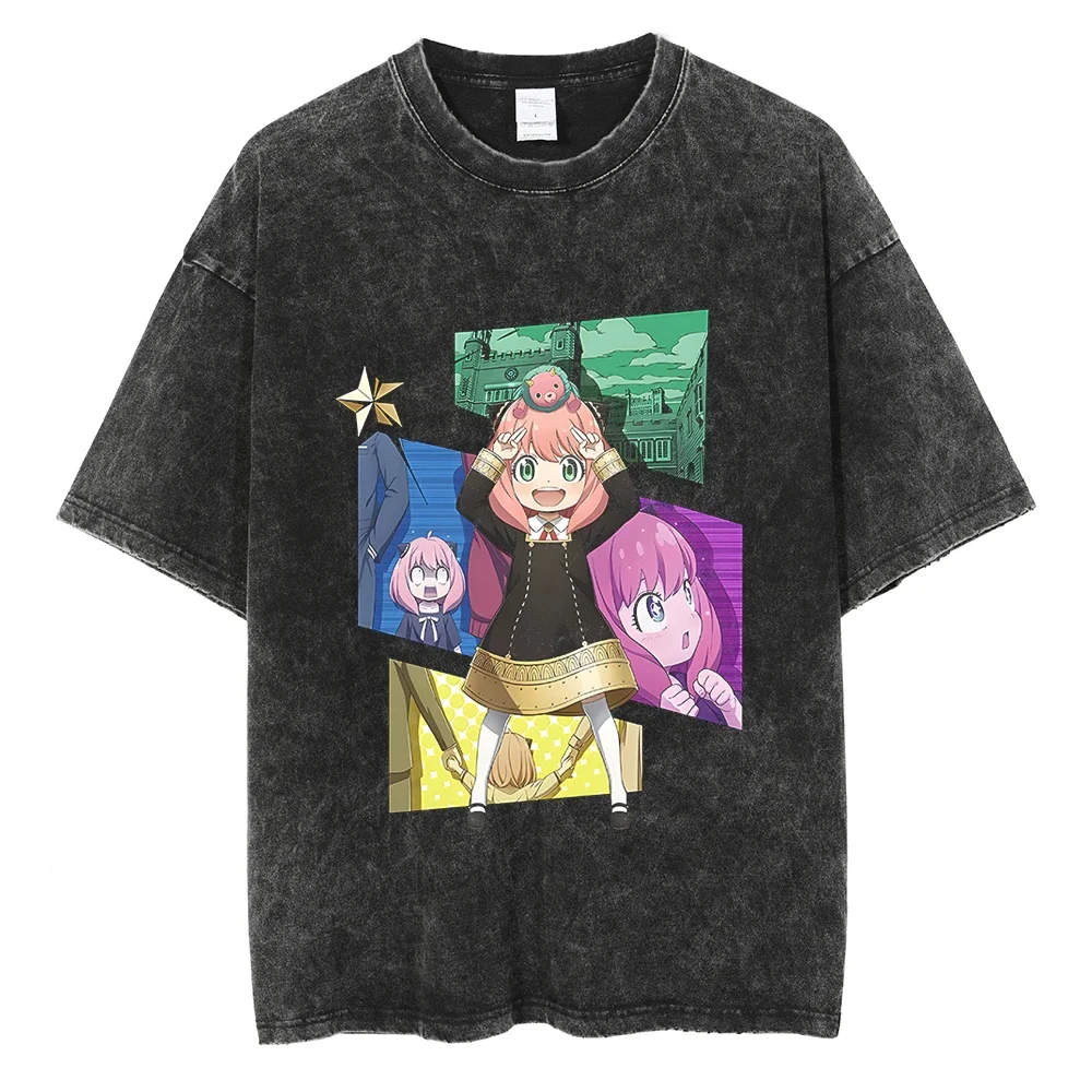2026 Summer Anime Spy X Family Oversized T-shirt, Anya Forger Multi-Expression Print Casual Streetwear Washed Black Tee