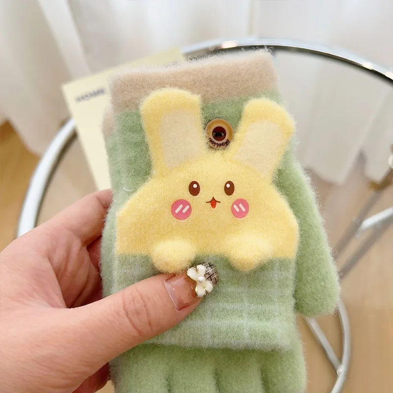 

Bunny Flip Mittens for Kids 5-14 Years Cute Cartoon Convertible Fingerless Gloves Ear Paws Unisex Thermal Half Finger Gloves