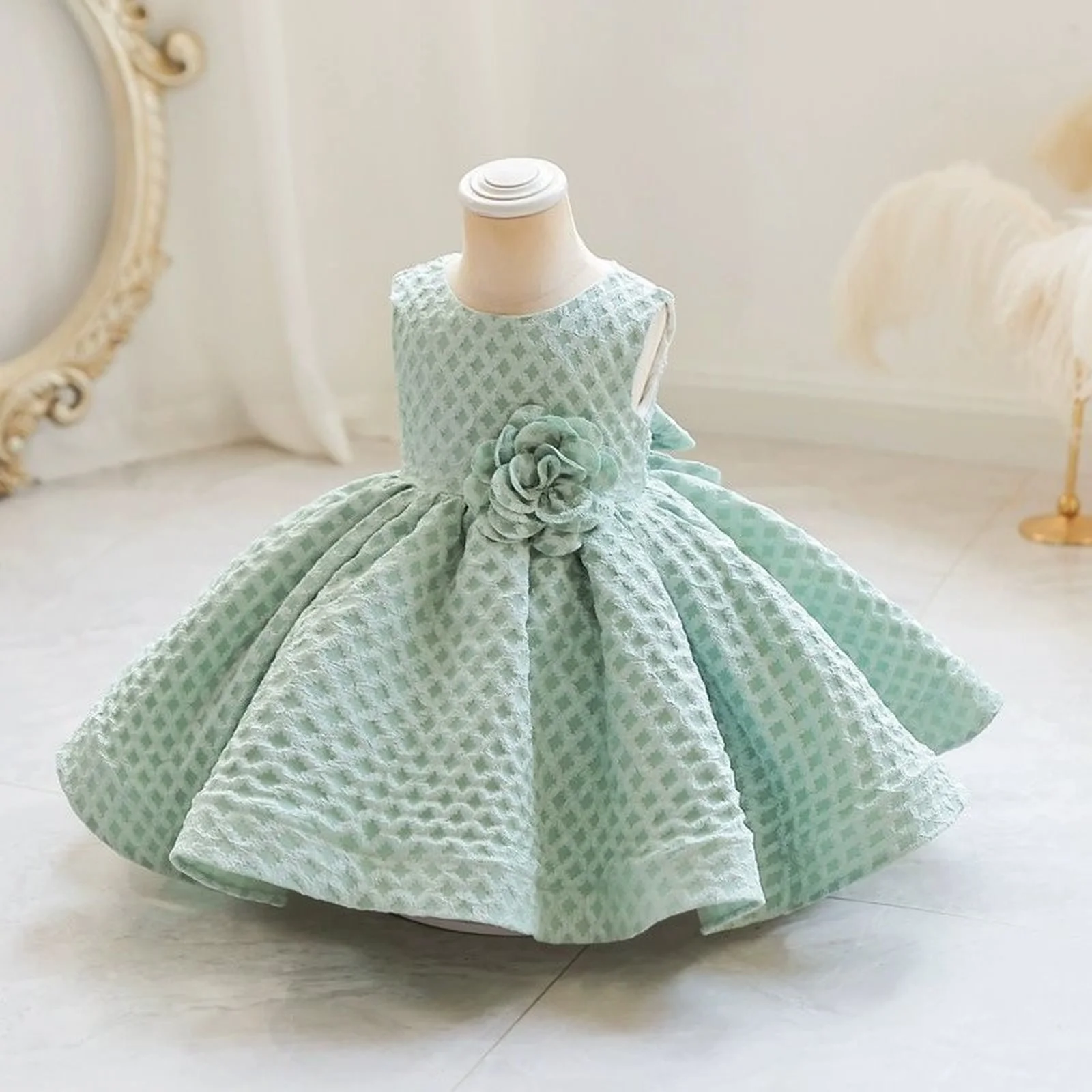 

Spring and Autumn Girl's New Hosting Dance Performance Princess Dress Long Sleeved Sticker Solid Color Fashion Plaid Dress