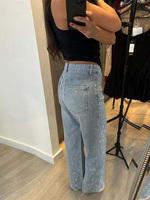 Fashion Rhinestone Denim Pants Women Solid High Waist Zipper Button Loose Jeans Female High Street Straight Trousers Lady 2025