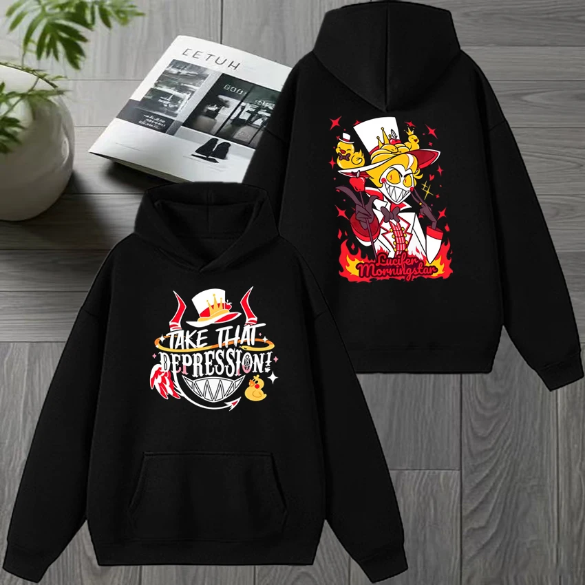 Cartoon Hazbin Hotel Lucifer Double Sided Graphics Hoodies Men Women Harajuku Fleece Pullovers Unisex Casual Winter Sweatshirt