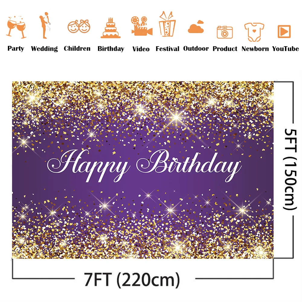 Purple Birthday Background Gold Glitter Sprinkle Shining Dots Backdrop Adult Theme Women Girls Party Decoration Dessert Banner