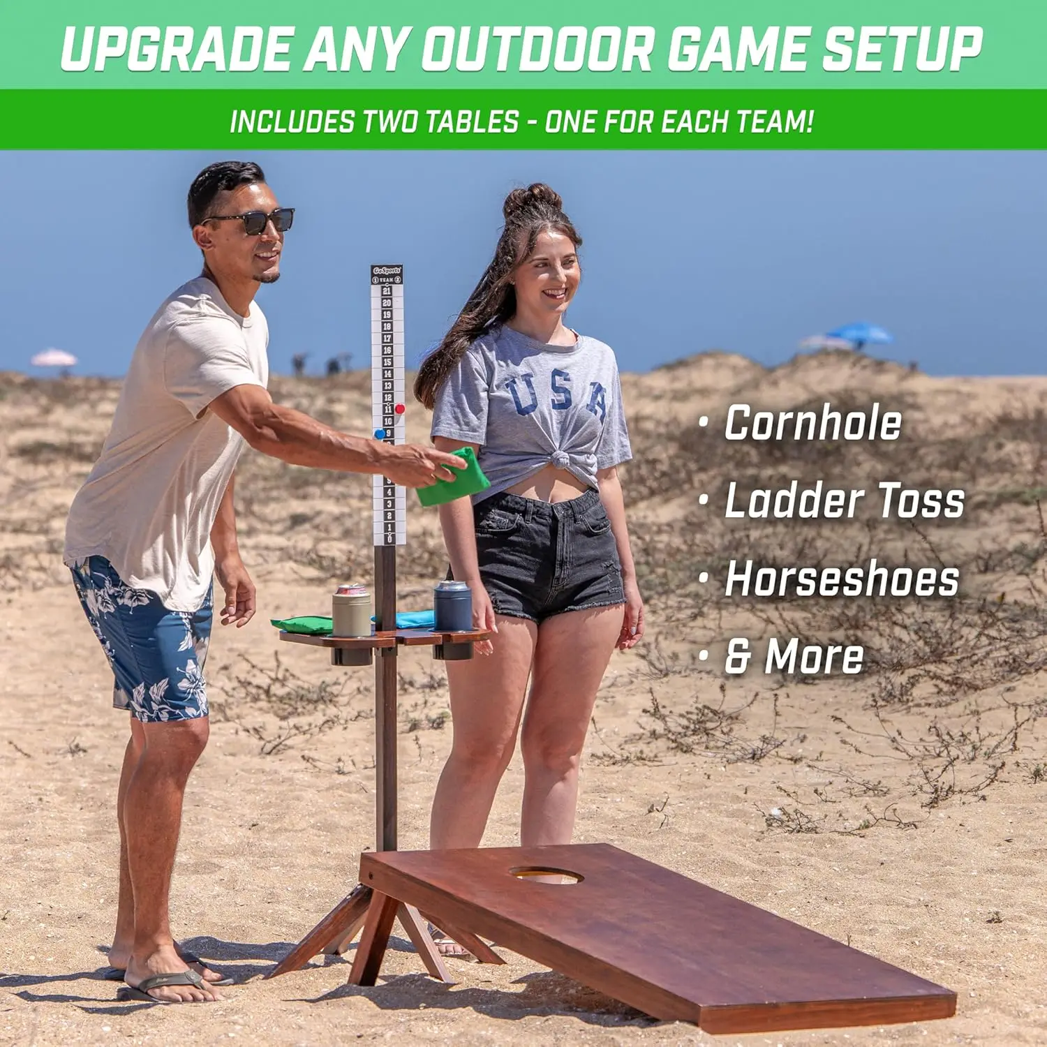 Set of 2 Outdoor Scoreboard Tables with Drink Holders - Perfect Score Tracker Accessory for Backyard Cornhole and Yard Games