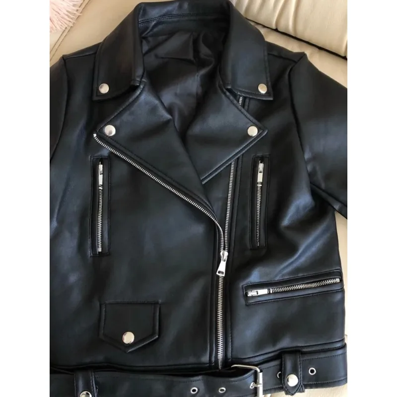 Spring Autumn Women Moto Biker Black Pu Fuax Leather Jacket Streetwear Female Belt Zipper Slim Fit Short Coat Outwear