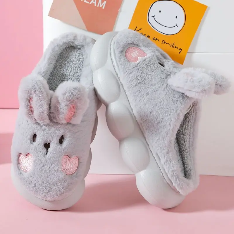 

New kawaii bunny ears slipper woman winter home shoes women's furry house rabbit slippers with pompons cute indoor funny clogs