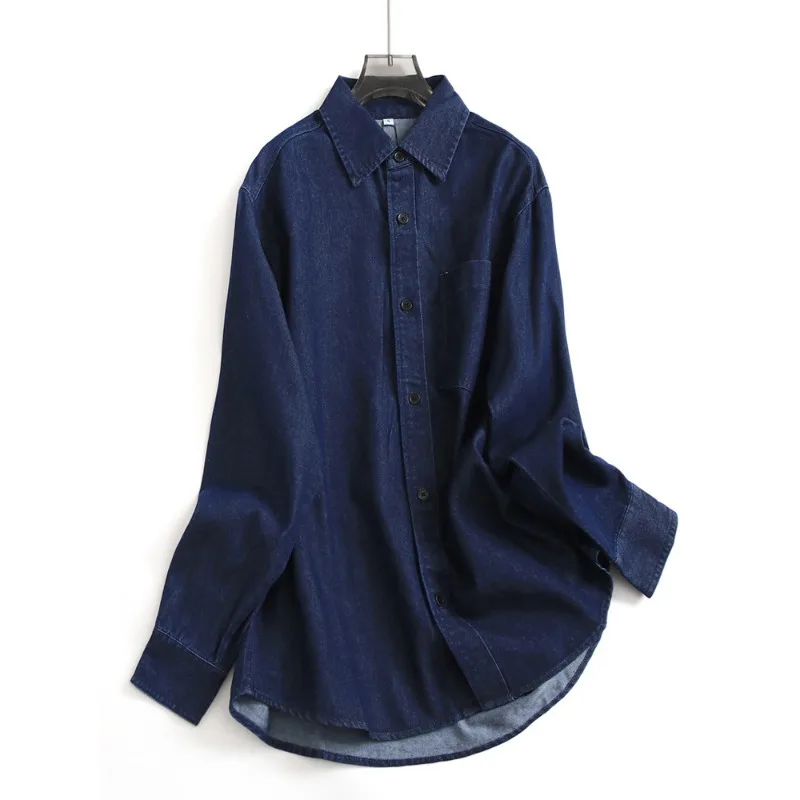 

SuperAen Solid Color Loose and Thin Lapel Medium and Long 2026 Spring New Long-sleeved Denim Shirt Women