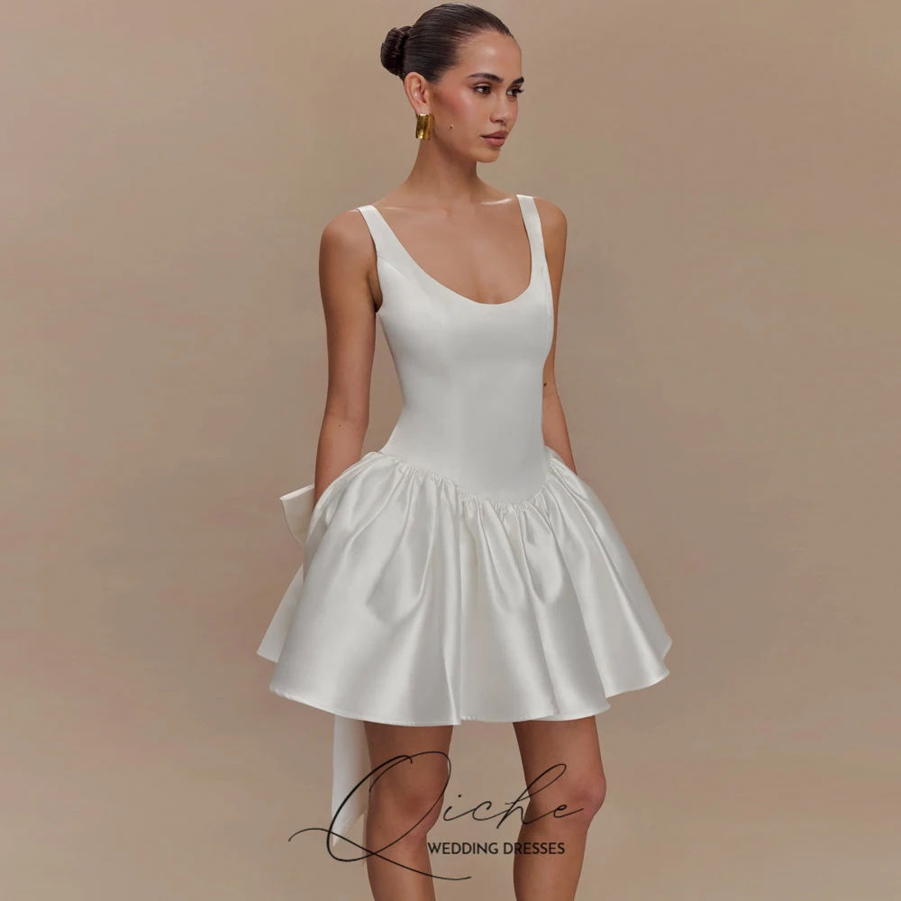 QICHE Mini Wedding Party Dresses U-Neck Sleeveless Short Bridal Gown Customized A Line Backless Wedding Prom Dress for Bride
