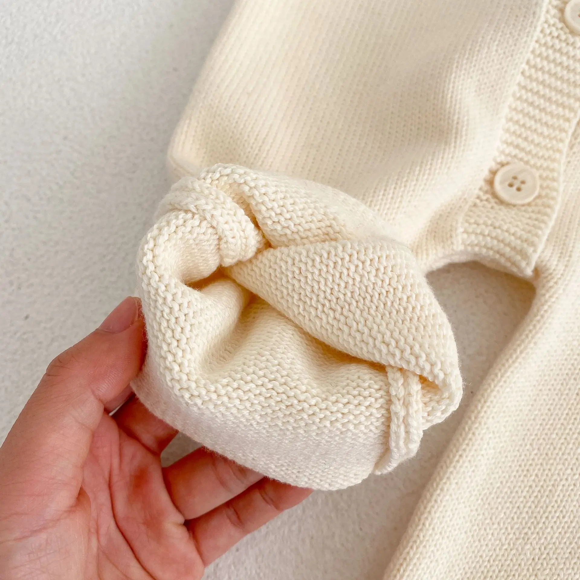 Spring Newborn Solid Color Bodysuit Cute Baby Knitting Wool Ball Bag Fart Coat Hooded Climbing Suit