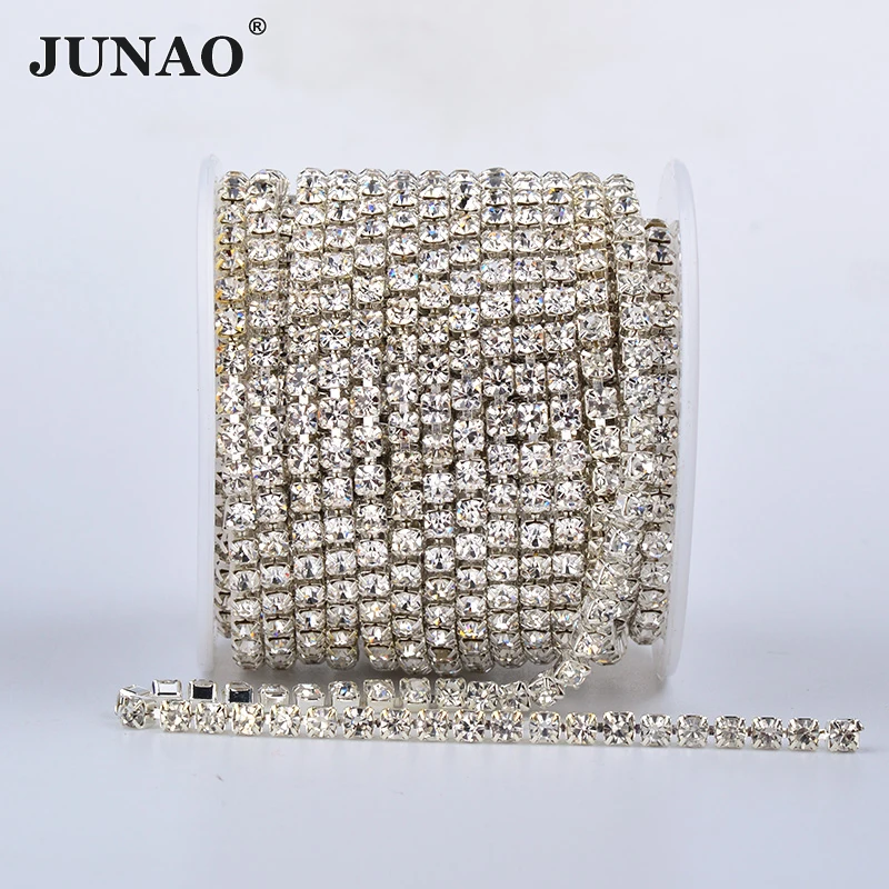 JUNAO 10 Yards SS6 8 10 12 16 18 Silver Clear Sewing Glass Rhinestone Chain Metal Trim Strass Applique For Clothes Jewelry