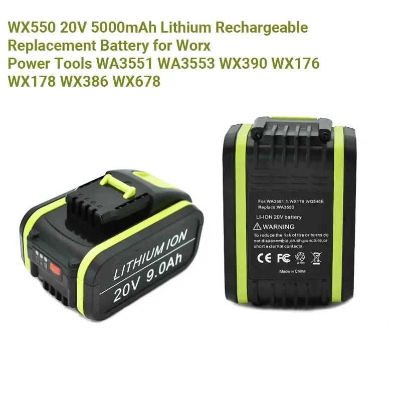 Replacement of WORX 20V 9Ah Rechargeable Lithium Battery Electric Tool WA3551 WA3553 WX390 WX176 WX178 WX386 WX678 with Charger