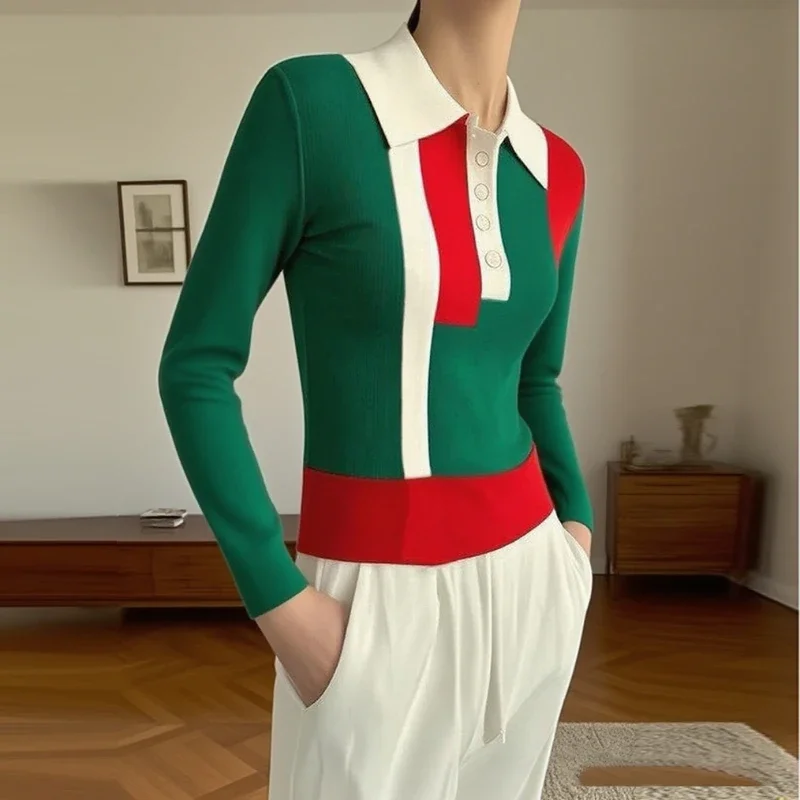 

Modigirl Autumn Winter Knit Sweater Tops for Women 2025 Contrast Color Buttoned Skinny Woman Long Sleeves Pullovers Clothes