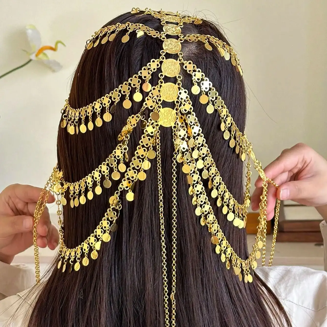 Turkish kurdish women hair chain gold plated arabic totem hair jewelry wedding festival women head wear