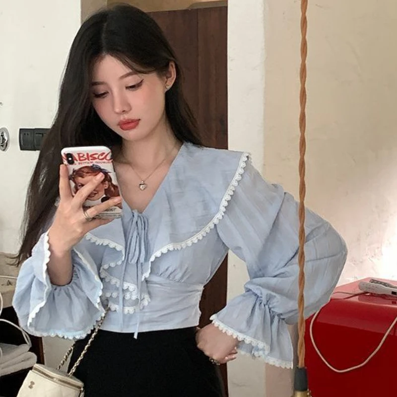 Ruffles Blouses Women Lace Slim Bandage Sweet Ladies Temperament Princess Flare Sleeve Fashion Ulzzang Simple All-match Classic